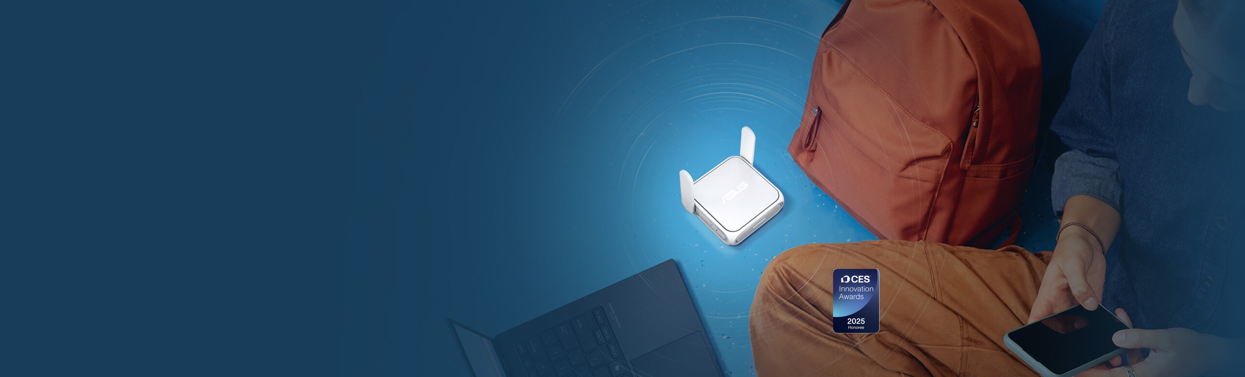 A woman sits on the floor using a smartphone and laptop, with the ASUS RT-BE58 Go placed nearby next to a backpack, featuring the 2025 CES Innovation Award logo.